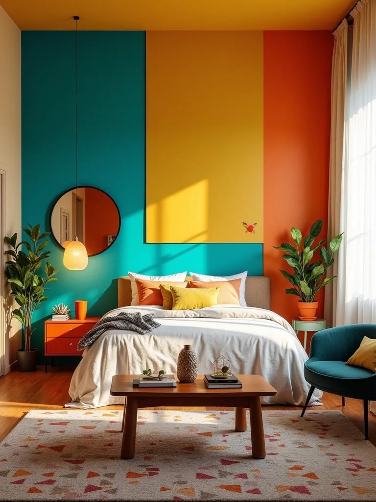 Eclectic bedroom with bold geometric wall pattern and colorful decor