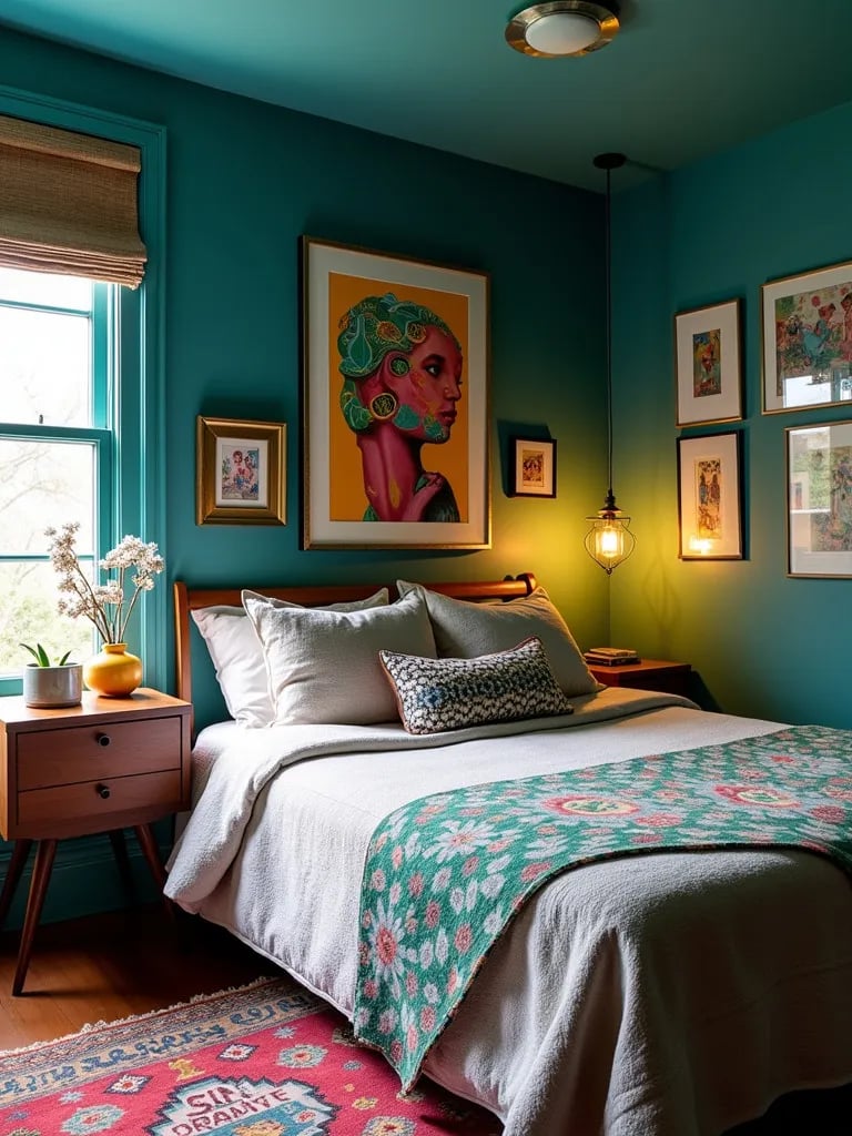 Eclectic bedroom with teal walls and colorful artwork