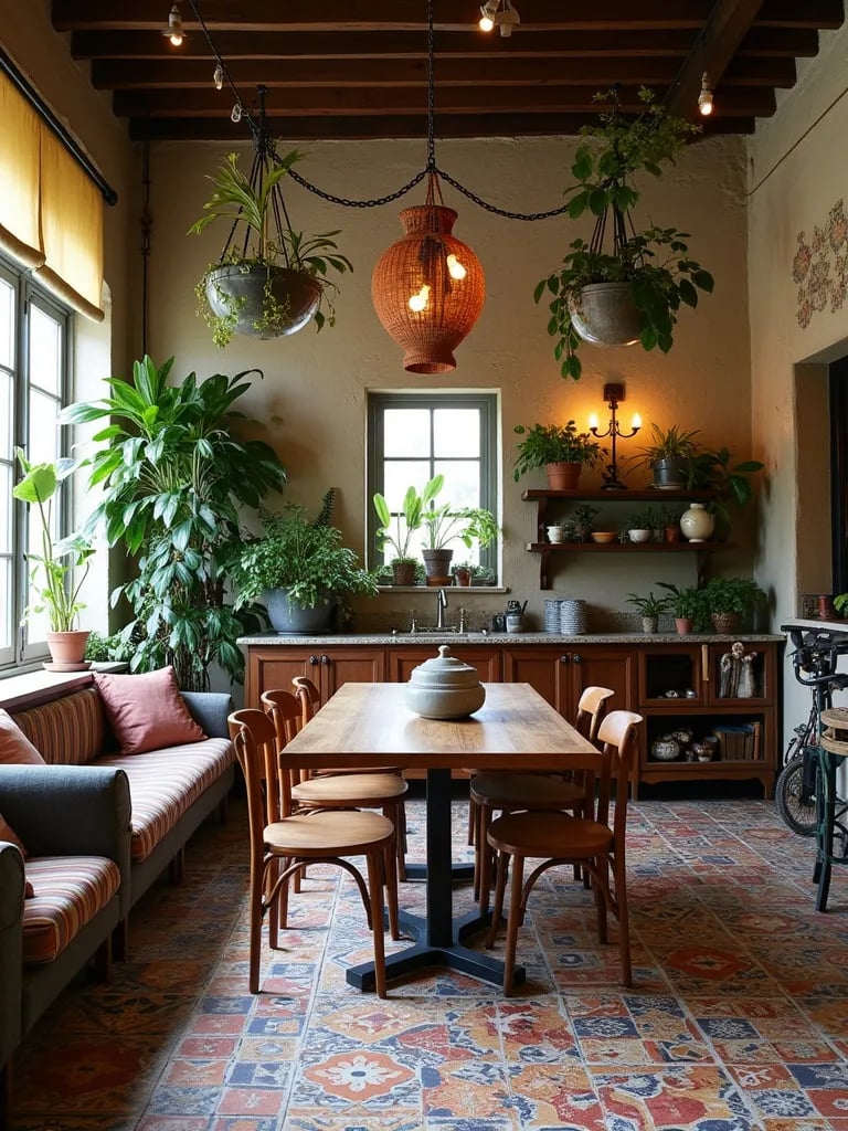 Eclectic bohemian dining room with colorful patterned cement tile floors