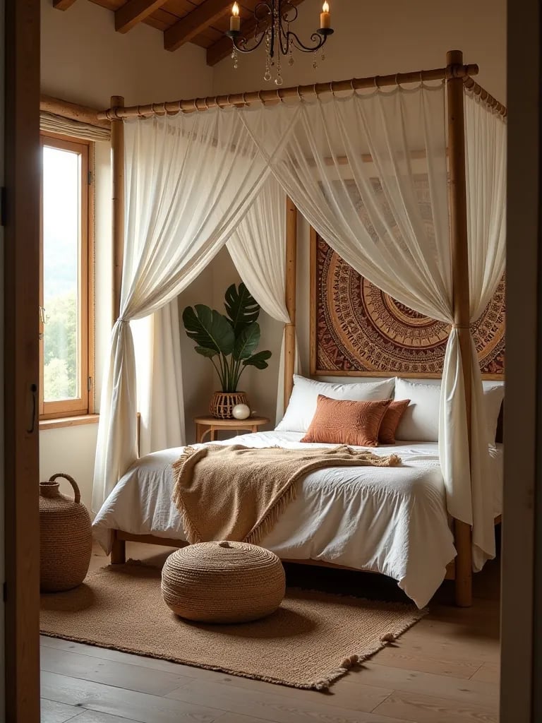 Eclectic boho bedroom with handmade canopy bed and mandala tapestry