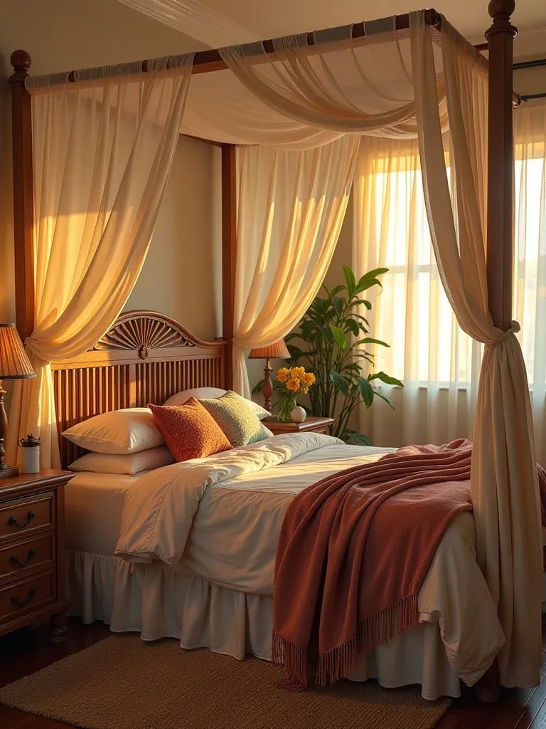 Eclectic boho bedroom with layered textiles and warm lighting