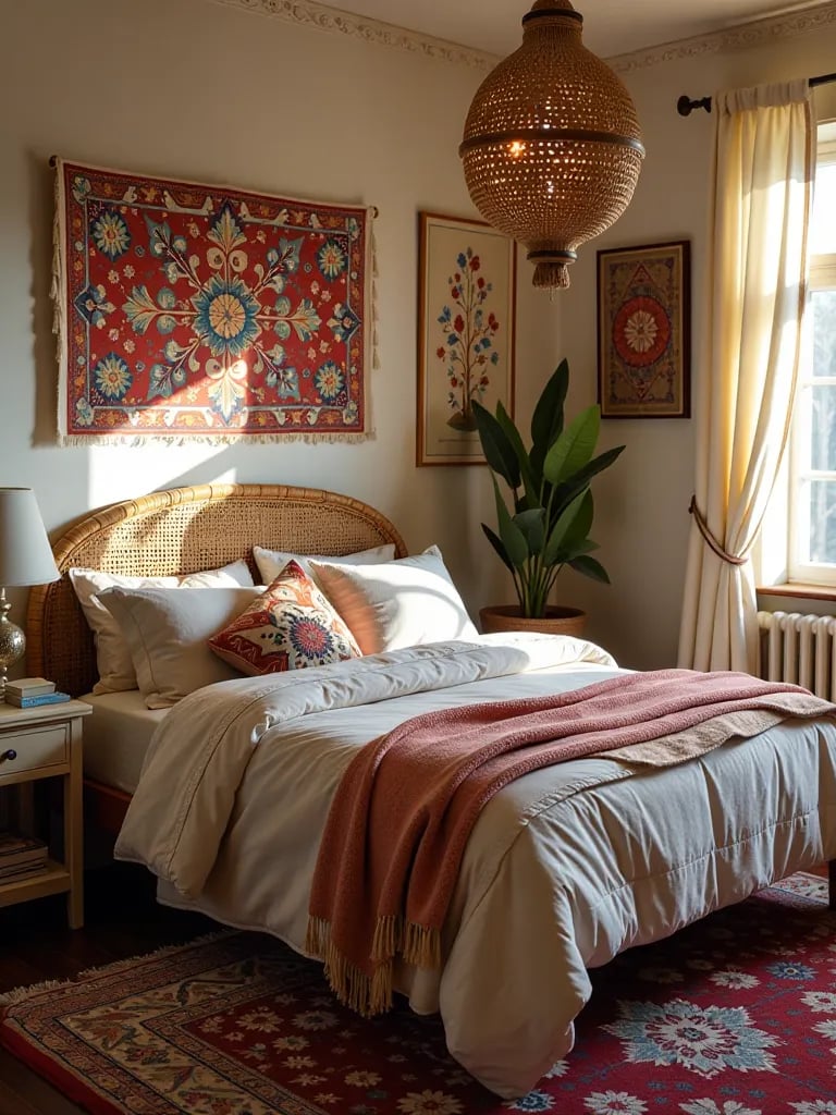 Eclectic boho bedroom with rattan bed and colorful textiles