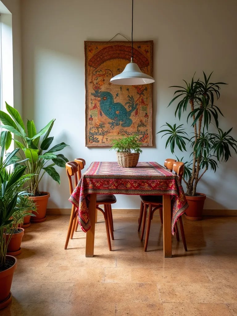 Eclectic dining area featuring natural cork floors and colorful decor