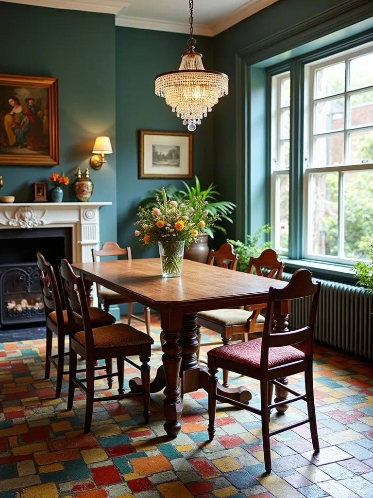 Eclectic dining room featuring colorful mosaic tile floor and vintage chairs