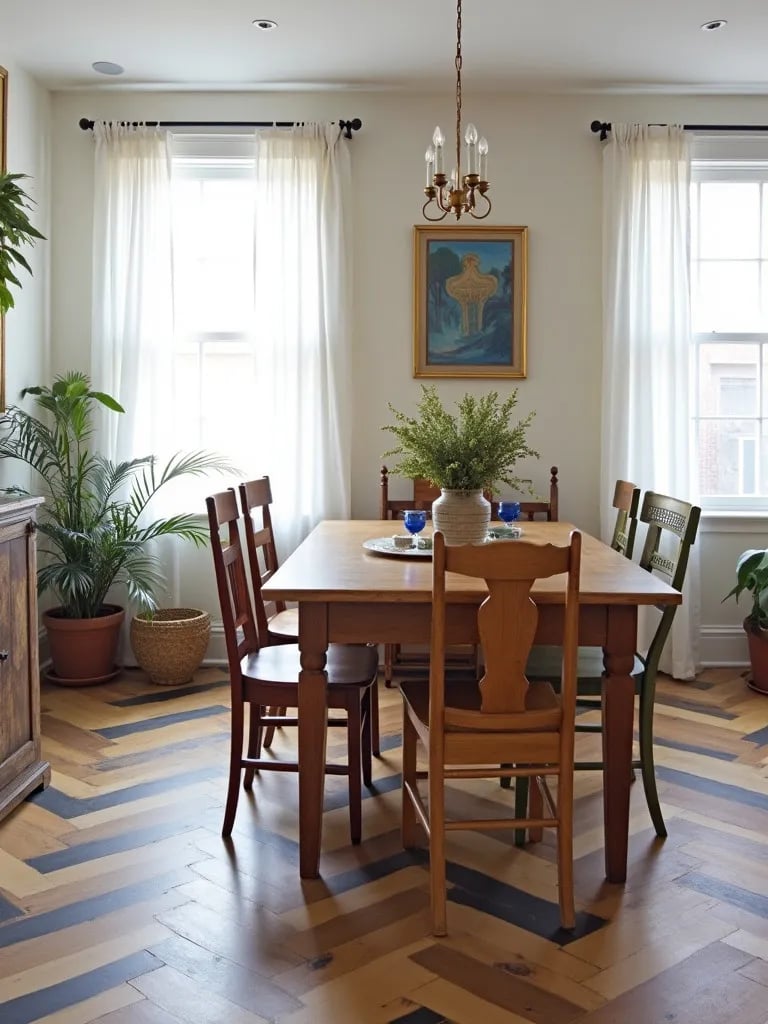 Eclectic dining room with painted plywood floor in chevron pattern
