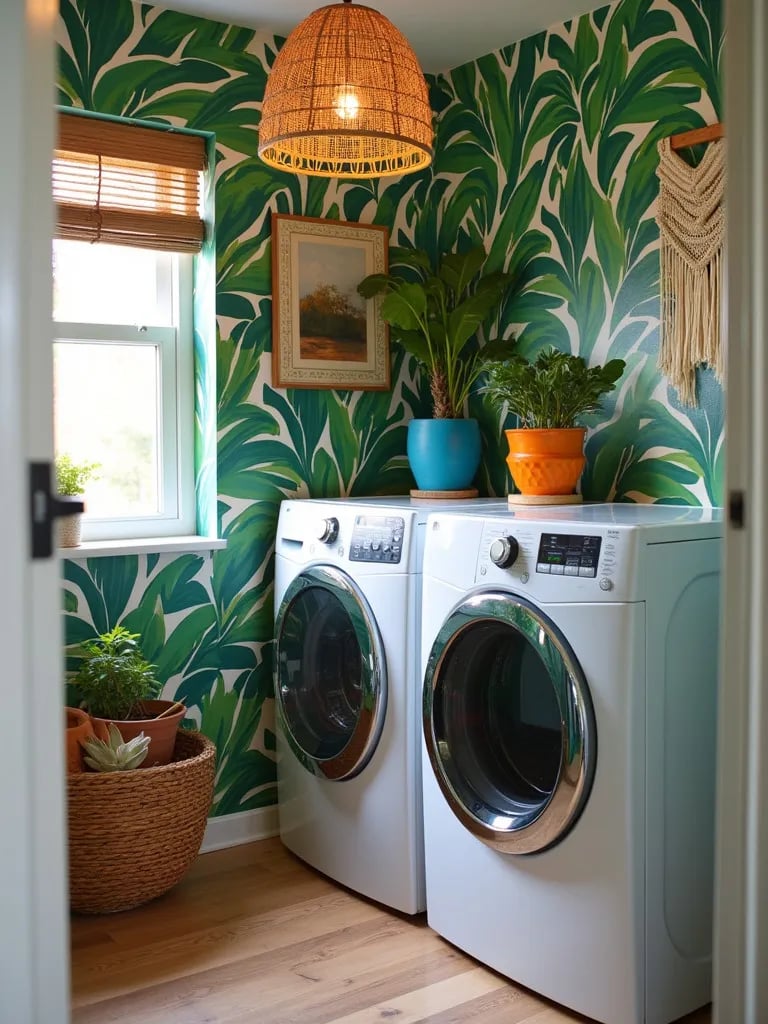 Eclectic laundry area featuring bold leaf wallpaper and bohemian touches