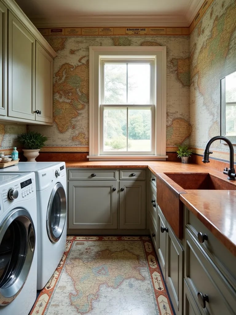 Eclectic laundry room with vintage map wallpaper and antique style furnishings