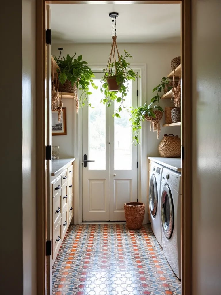 Eclectic laundry space featuring Moroccan tiles and rattan baskets