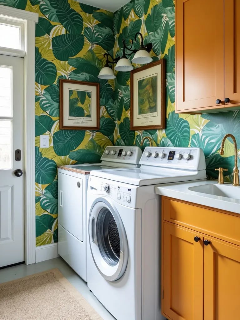 Eclectic laundry space featuring bold leaf patterned wallpaper and brass accents