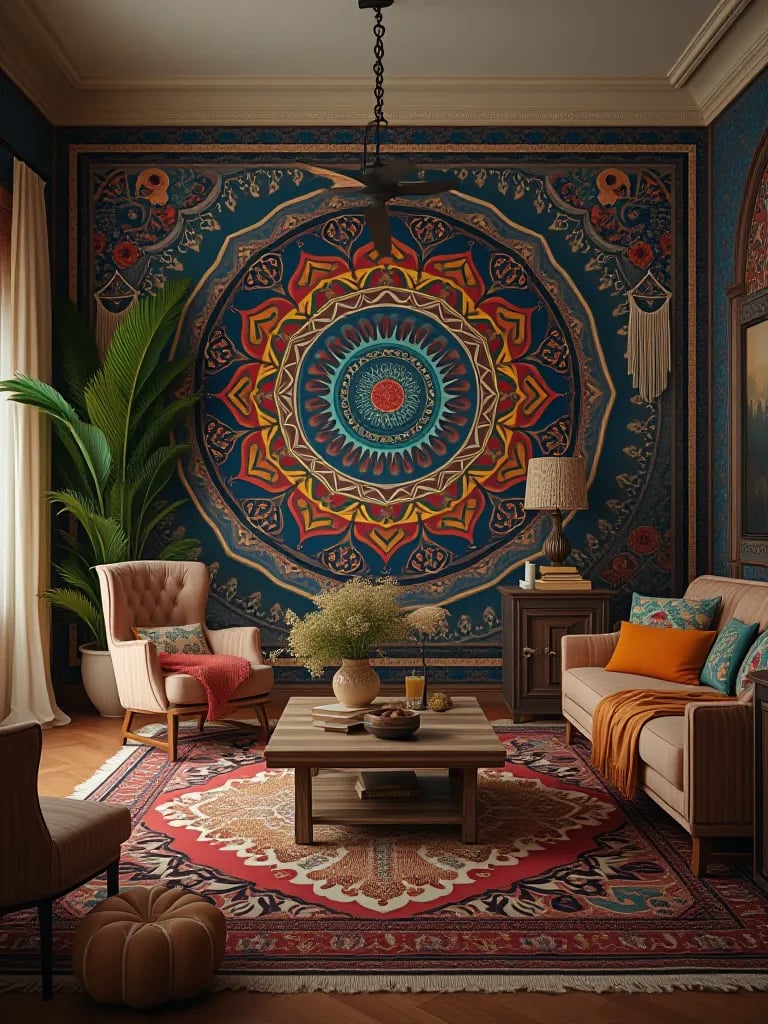 Eclectic living area featuring colorful mandala wall and diverse textures