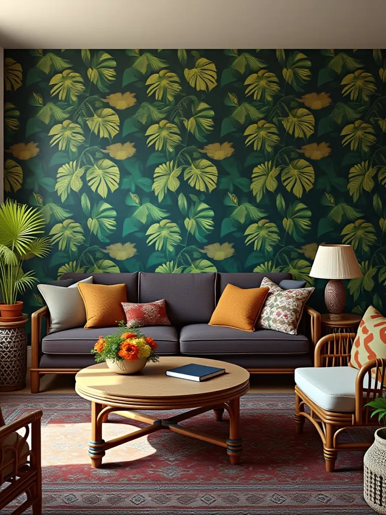 Eclectic living room featuring vibrant leaf wallpaper and colorful textiles