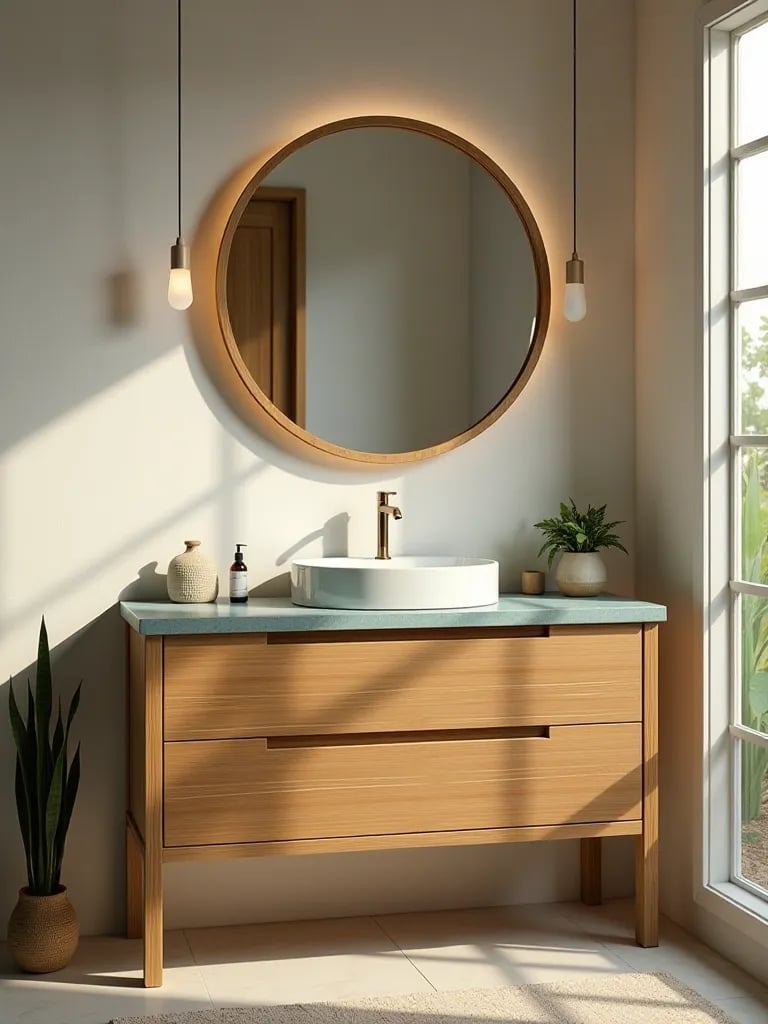 Eco friendly bamboo vanity with recycled glass countertop