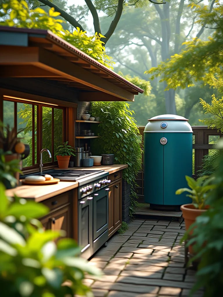 Eco friendly outdoor kitchen with solar appliances in permaculture garden