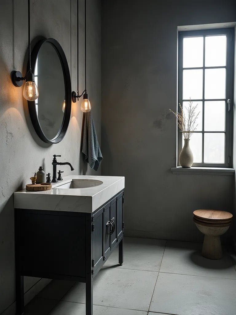 Edgy bathroom featuring concrete vanity with industrial style elements