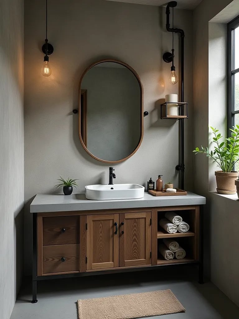 Edgy bathroom featuring metal and wood vanity with concrete countertop