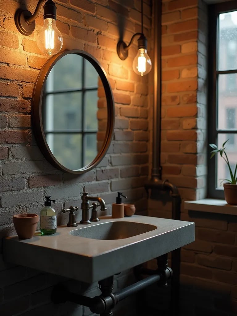 Edgy bathroom with metal framed mirror and industrial vanity lights