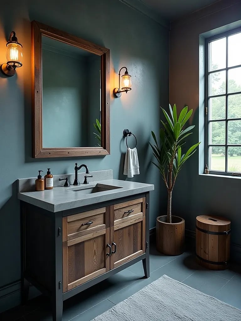Edgy industrial style bathroom featuring metal and reclaimed wood vanity