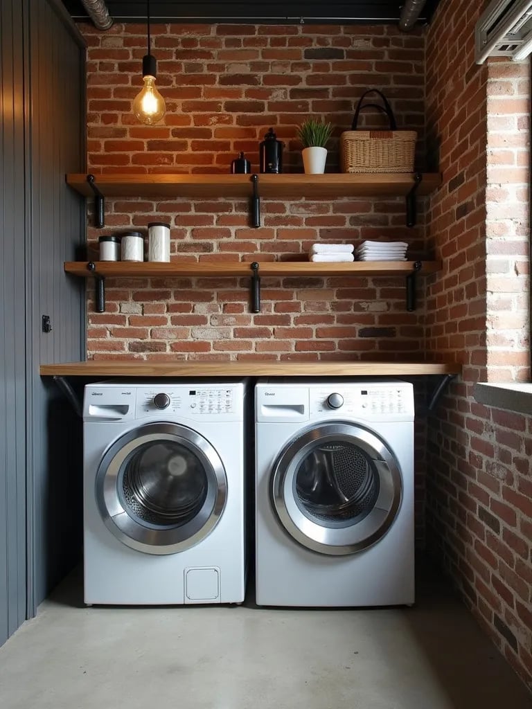 Edgy laundry room featuring brick wallpaper and concrete floors