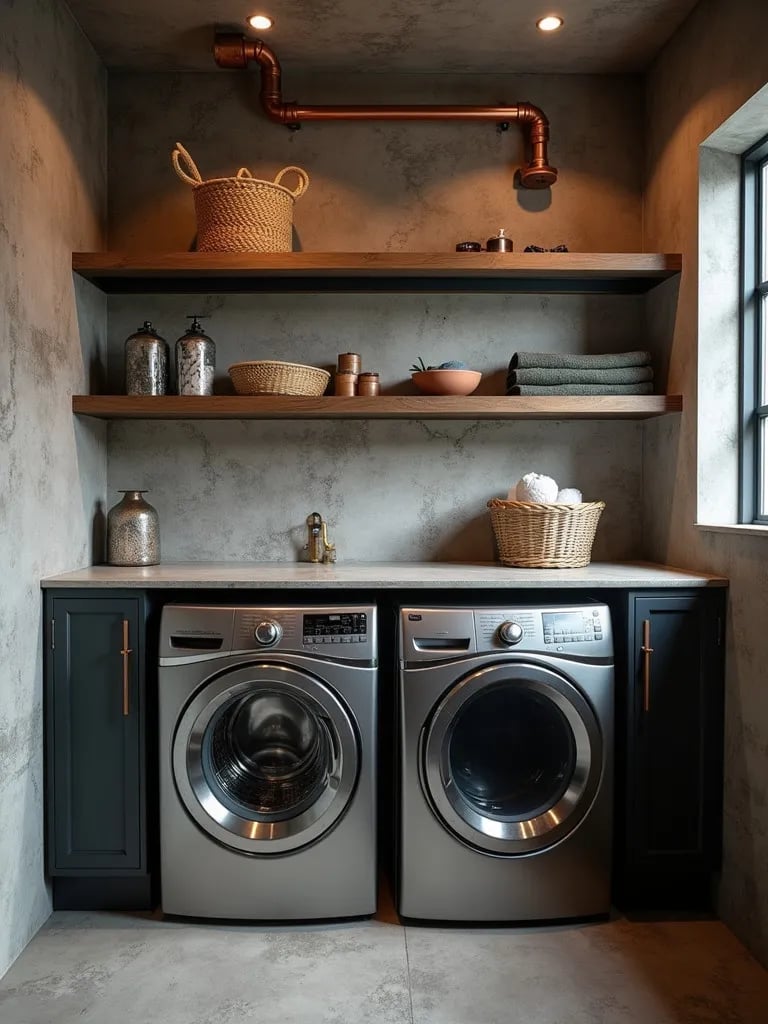 Edgy laundry space featuring concrete effect wallpaper and exposed copper pipes