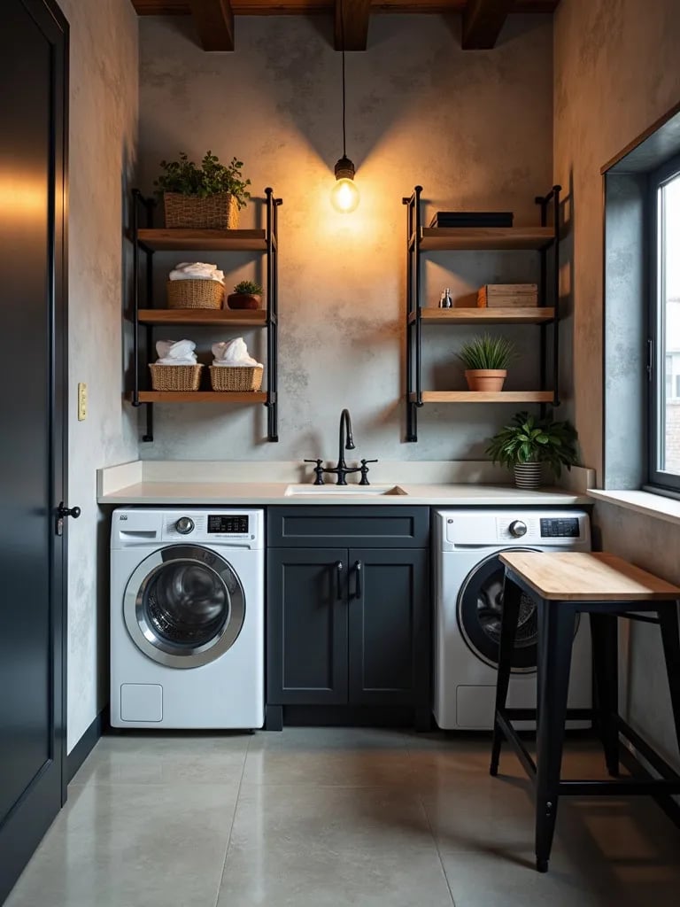 Edgy laundry space featuring concrete look wallpaper and exposed bulb lighting
