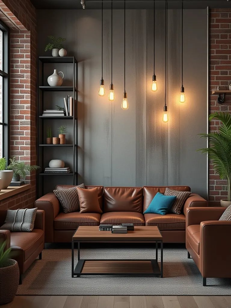 Edgy living area featuring concrete inspired wall and Edison bulb lighting