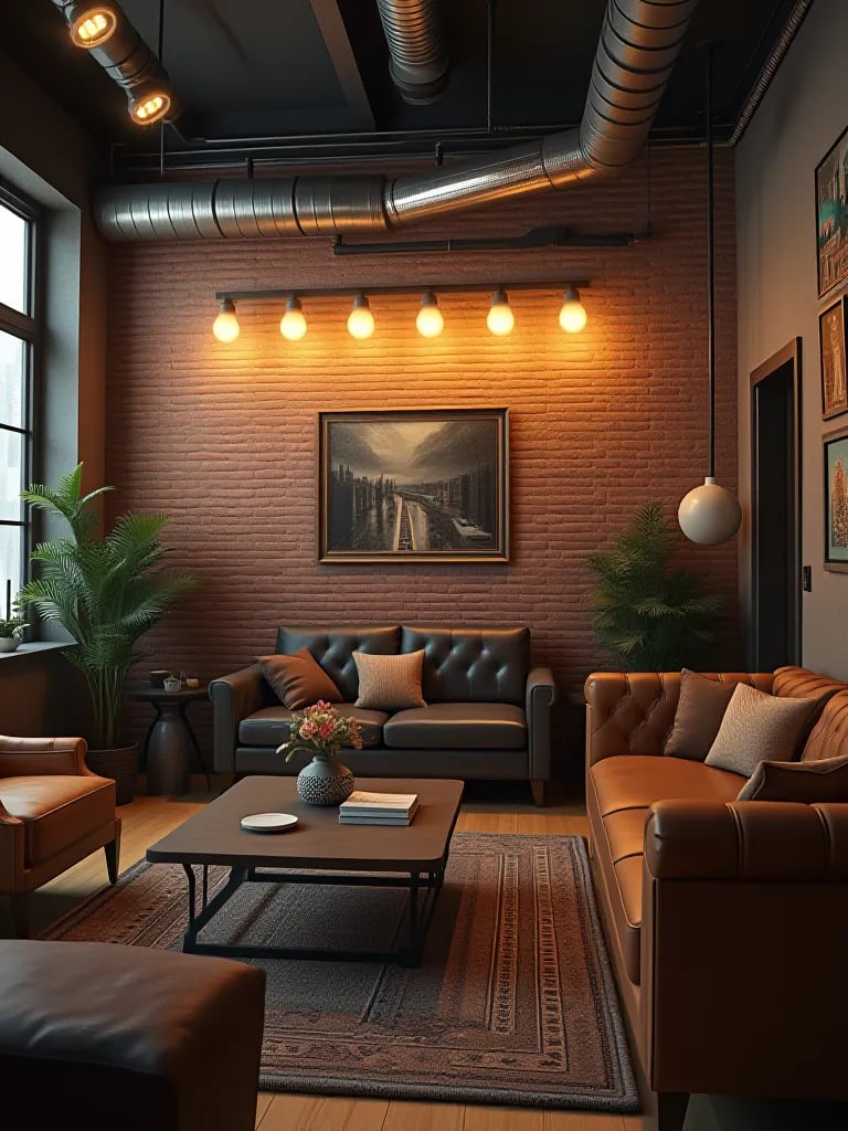 Edgy living space featuring distressed brick wallpaper and industrial inspired decor