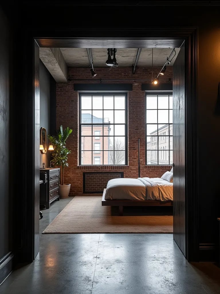 Edgy loft bedroom with high gloss charcoal walls and industrial elements