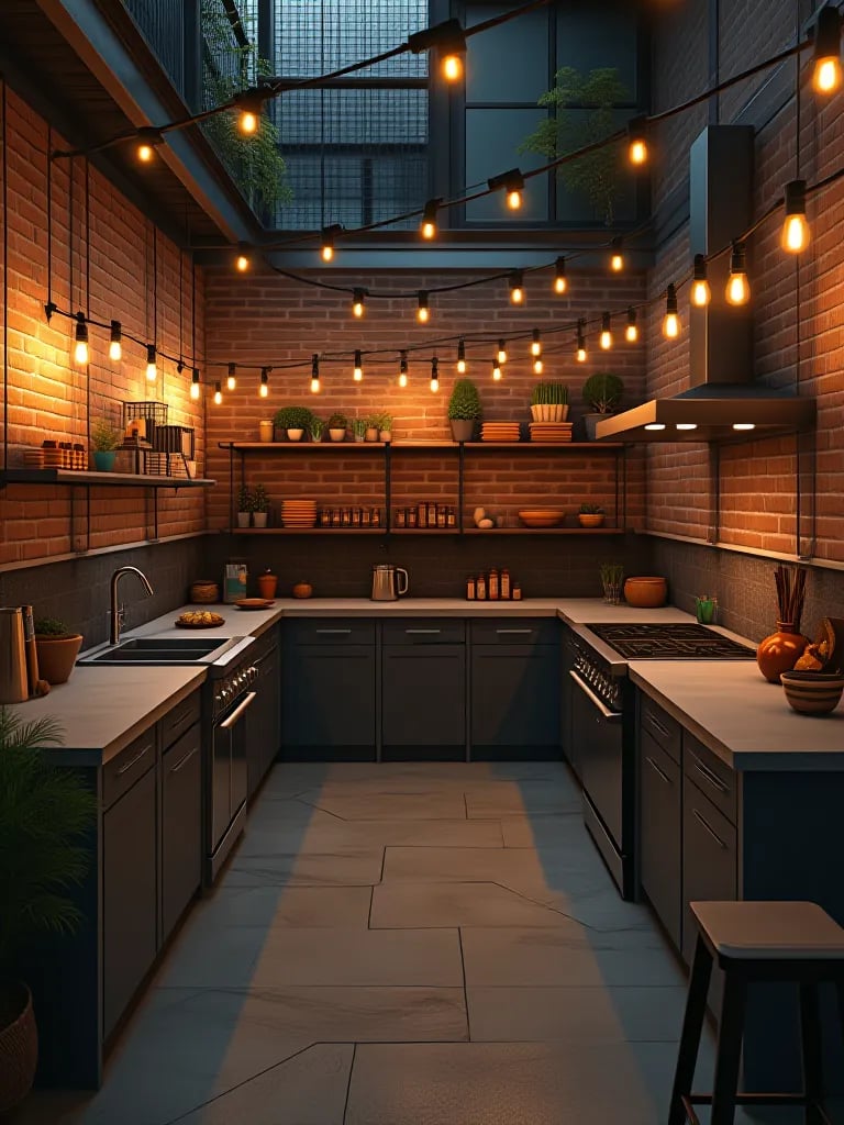 Edgy outdoor kitchen in converted warehouse courtyard with dramatic lighting