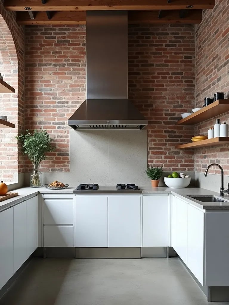 Edgy white kitchen with industrial elements and exposed brick walls