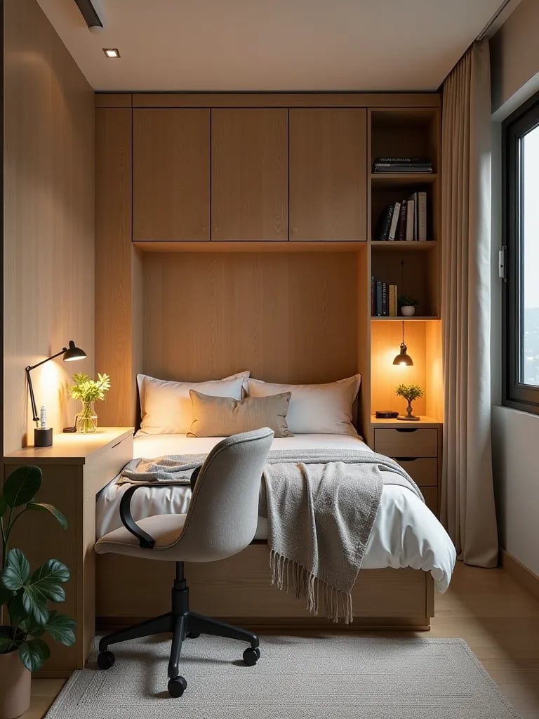 Efficient studio apartment bedroom with multi functional furniture