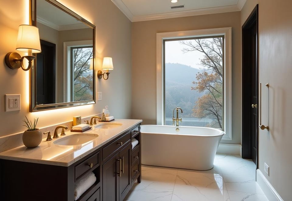 Elegant bathroom featuring double vanity with sconces and backlit mirror