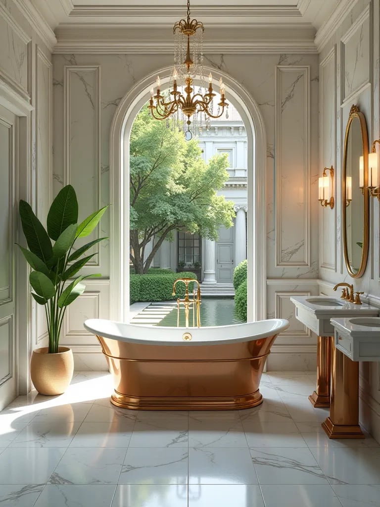 Elegant bathroom featuring marble, copper, and crystal elements