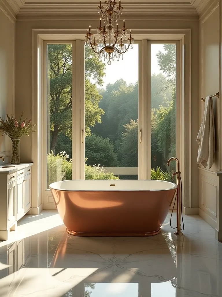 Elegant bathroom with copper tub, marble floors, and chandelier