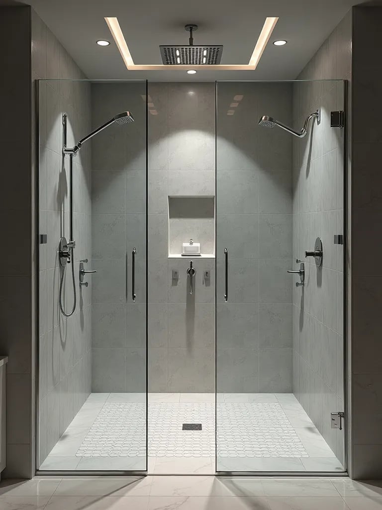 Elegant bathroom with gold fixtures, backlit mirrors, and herringbone marble floor