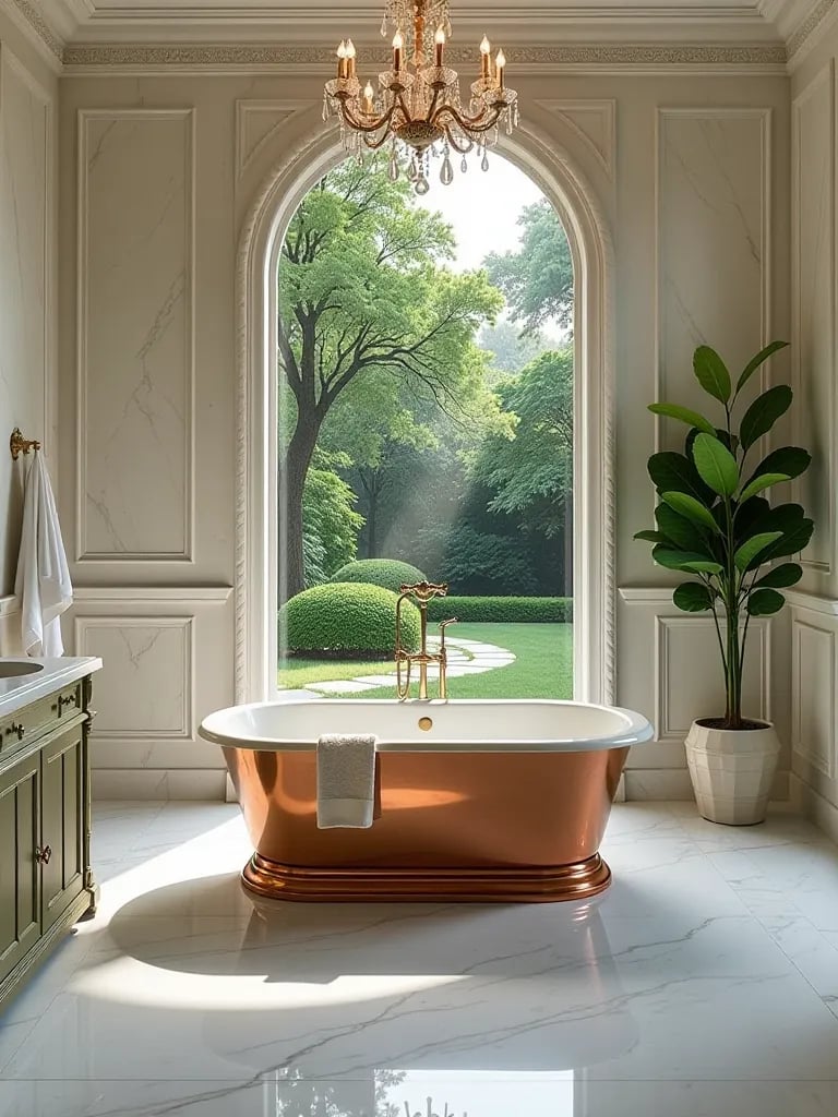 Elegant bathroom with marble walls, copper tub, and garden view