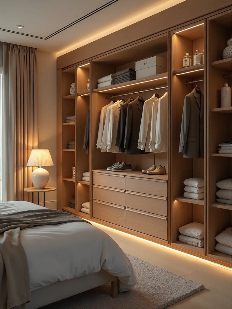 Elegant bedroom featuring a large, organized built in wardrobe