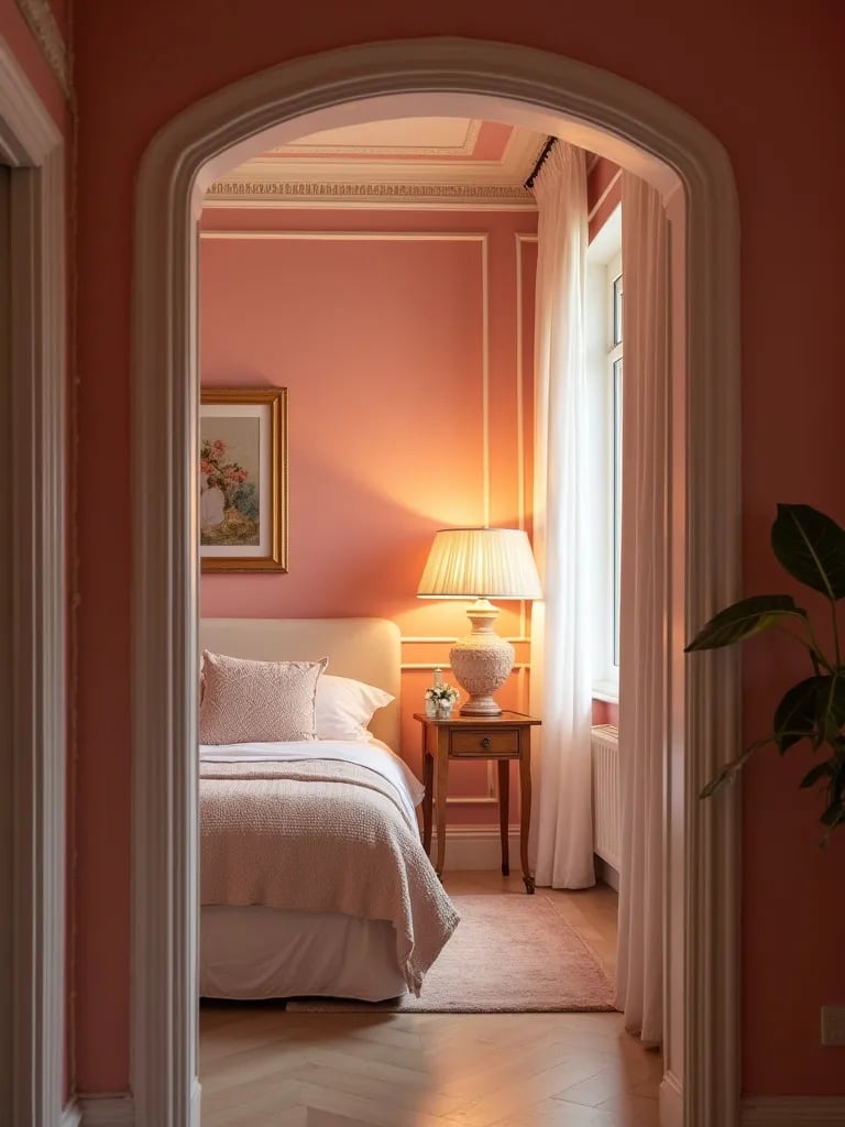Elegant bedroom featuring blush walls and warm golden lighting