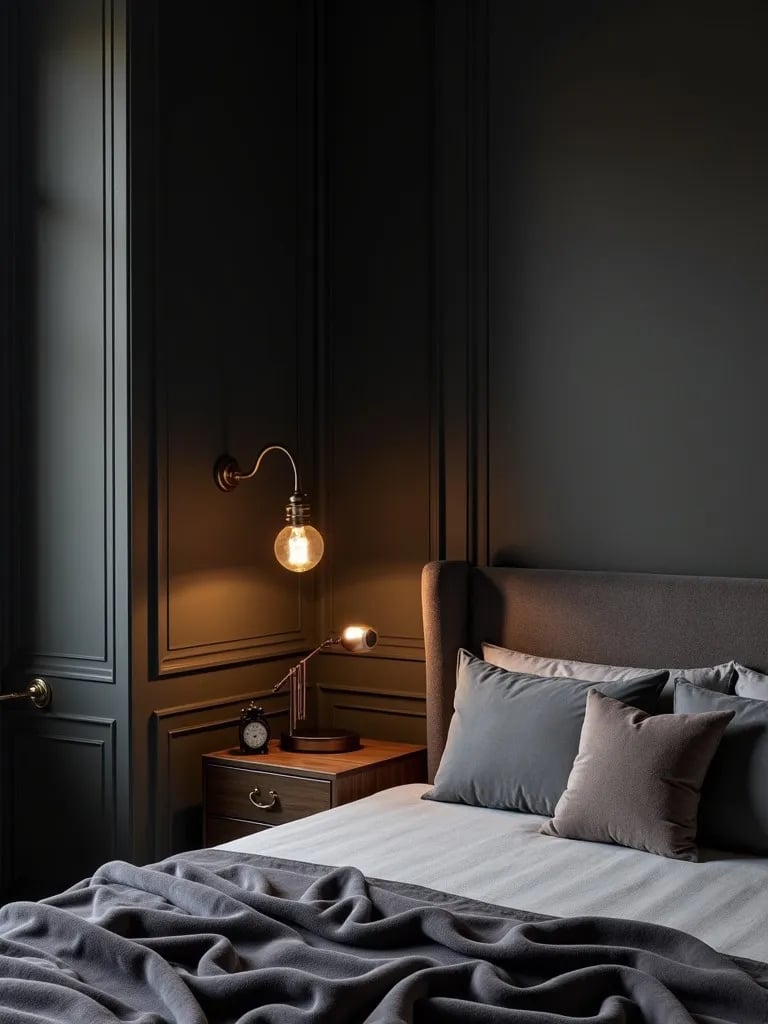 Elegant bedroom featuring charcoal walls and soft ambient lighting
