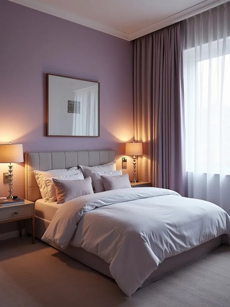 Elegant bedroom featuring matte lavender walls and cozy furnishings