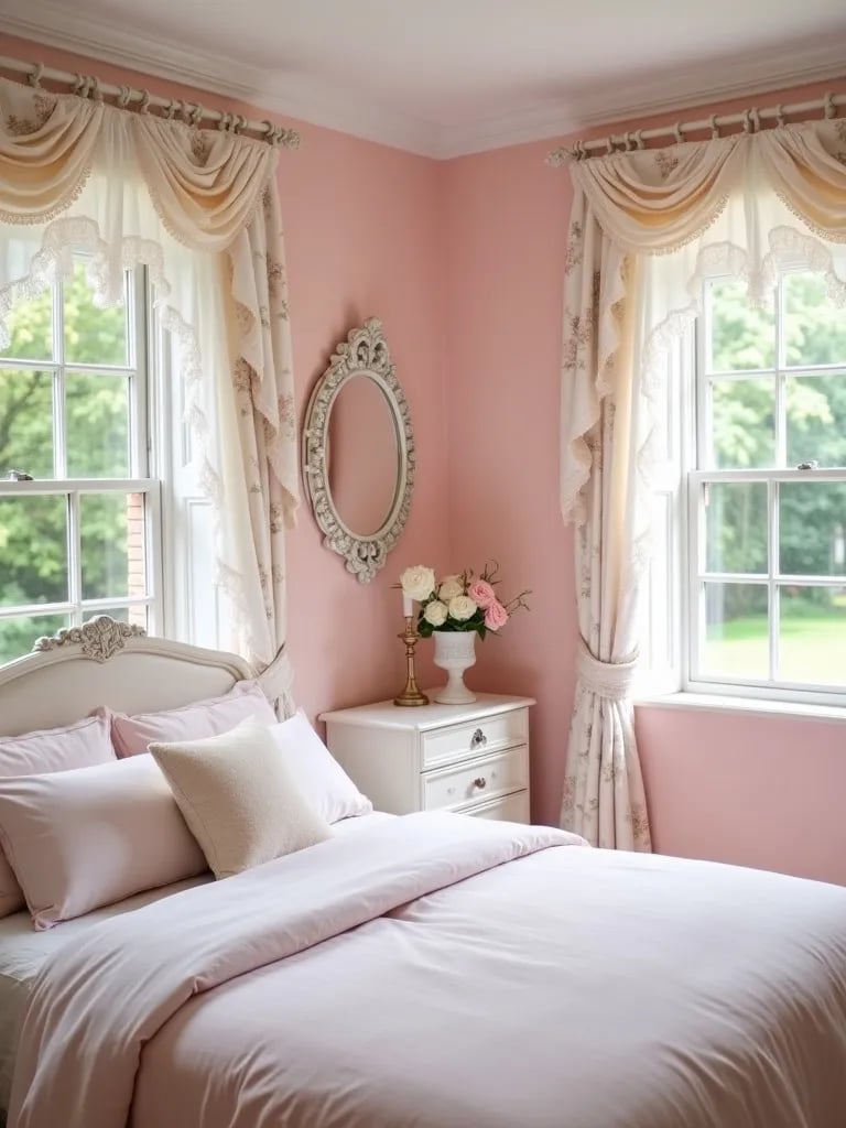 Elegant bedroom featuring soft pink walls and French country elements