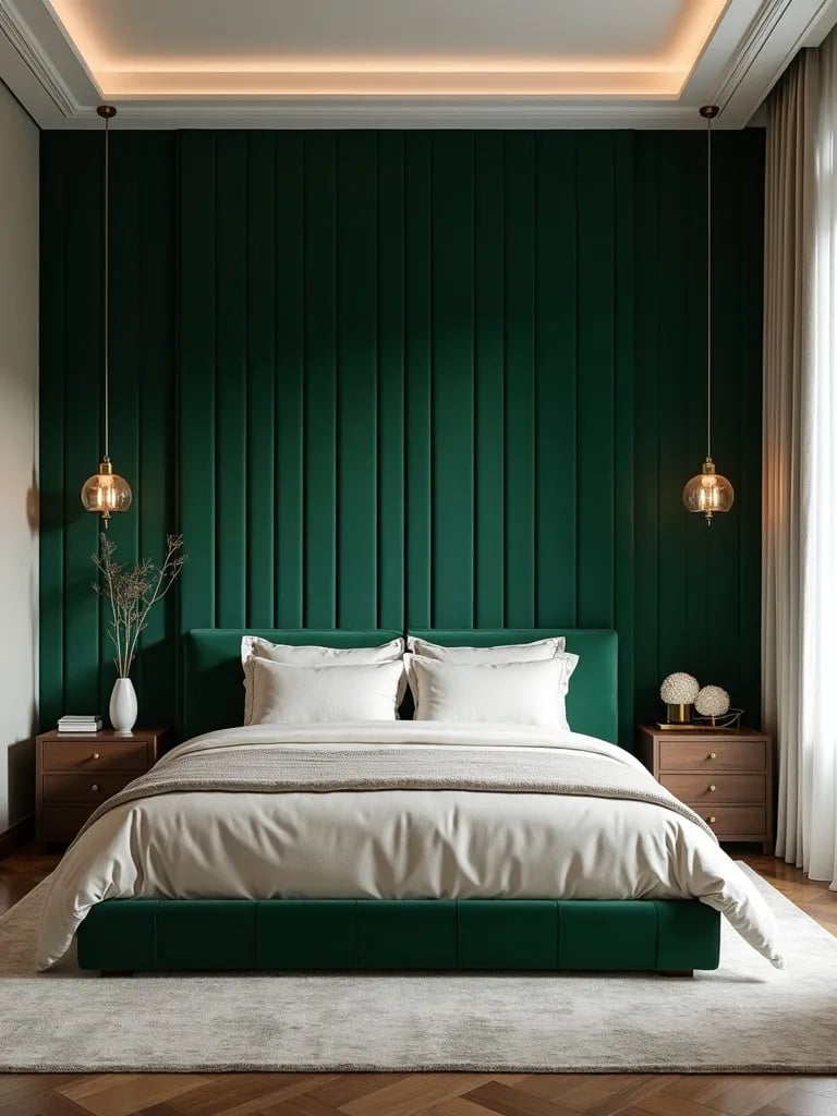 Elegant bedroom with floor to ceiling emerald tufted velvet wall