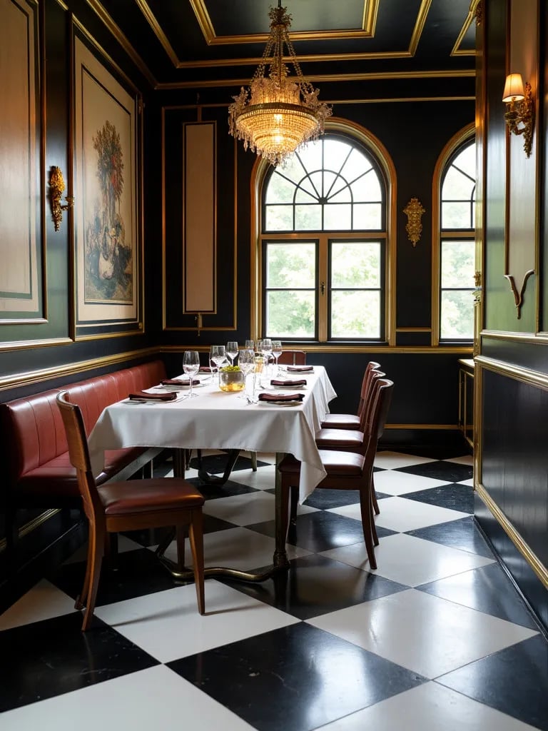 Elegant dining area featuring black and white checkered floor and gold accents