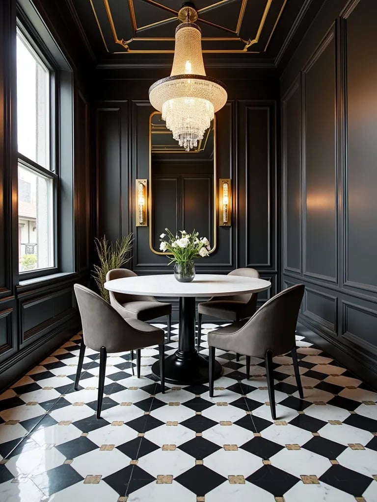 Elegant dining area featuring newly installed black and white patterned tiles