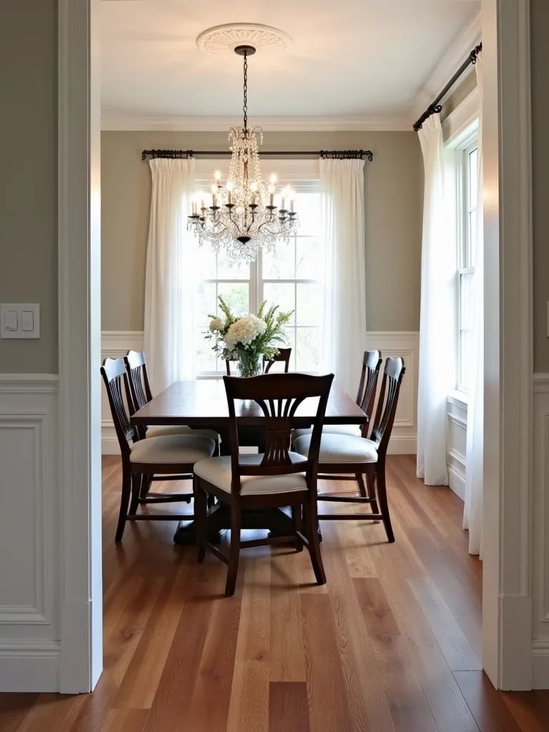Elegant dining area showcasing affordable walnut look engineered floors