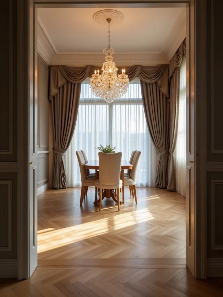 Elegant dining area with herringbone wood floor and chandelier