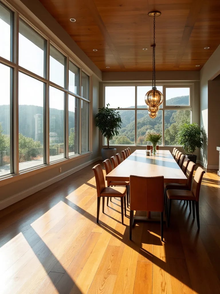 Elegant dining room featuring gleaming hardwood floors and natural light