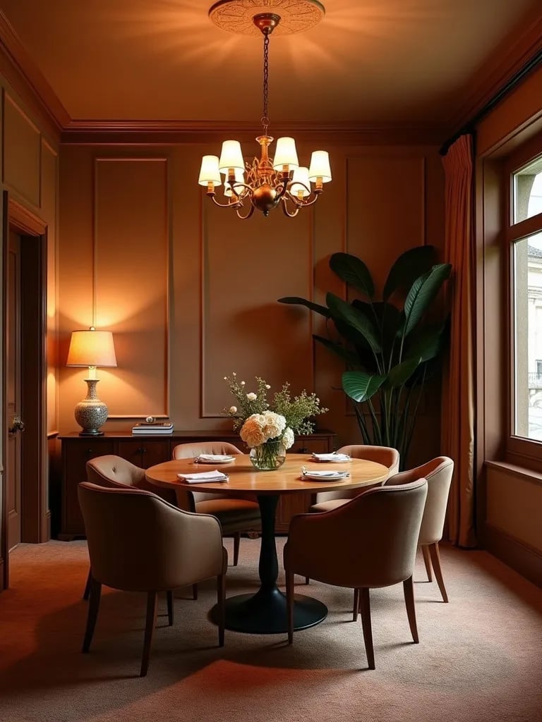 Elegant dining room featuring noise reducing carpet and soft lighting