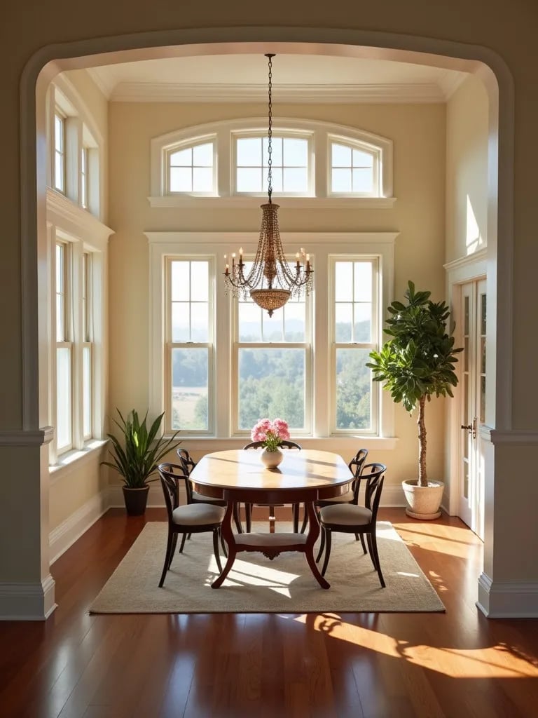 Elegant dining room with dark hardwood floors and chandelier
