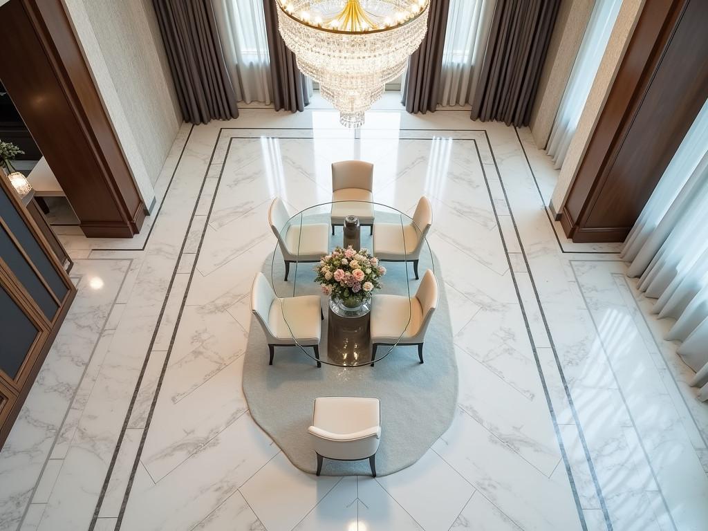 Elegant dining room with herringbone marble flooring and glass table