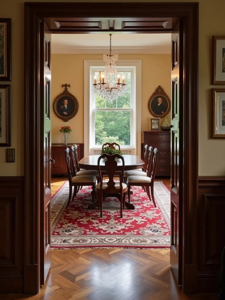 Elegant dining room with herringbone parquet floors and traditional furnishings